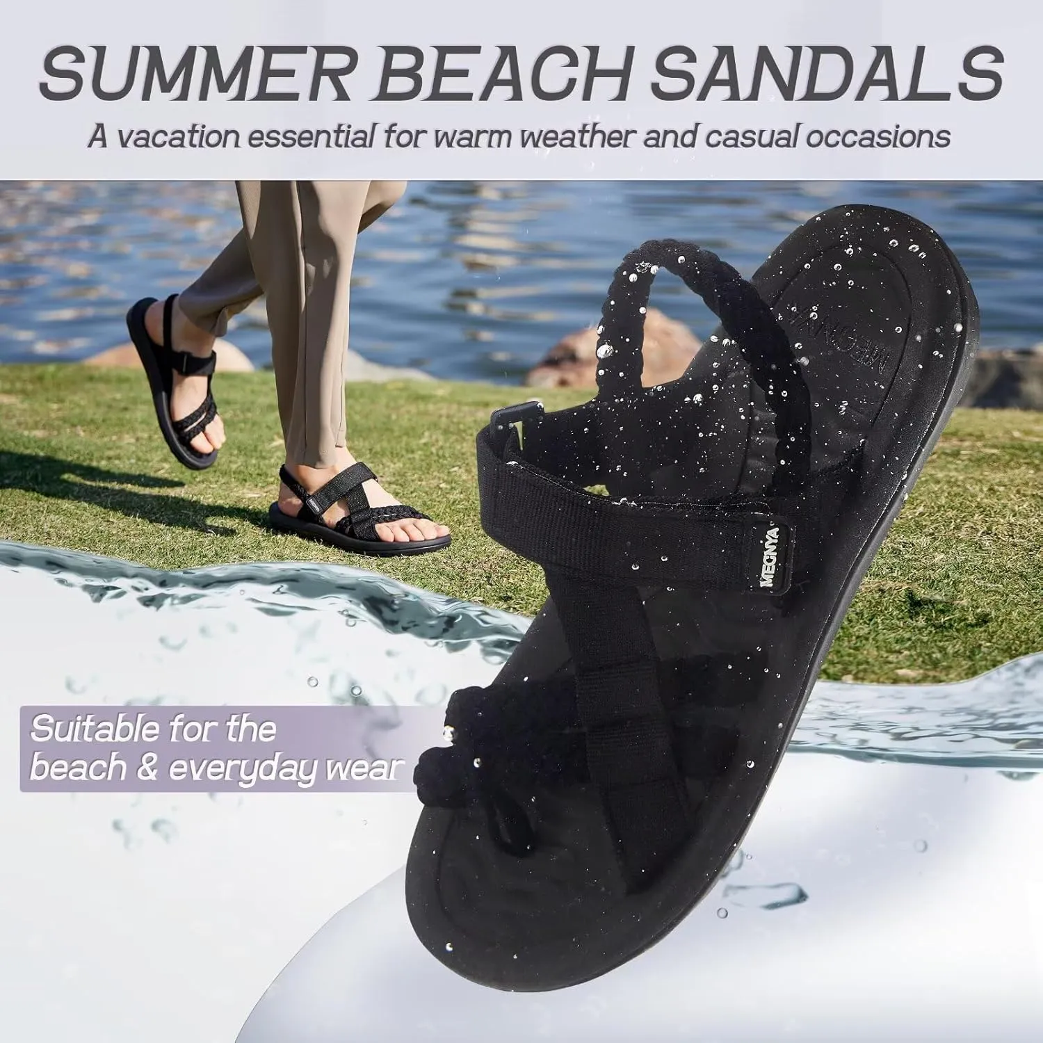 MEGNYA Hiking Sandals for Womens, Comfortable Walking Flip Flop Sandals with Arch Support, Athletic Sandals with Hook and Loop Straps for Beach Vacation Adventure