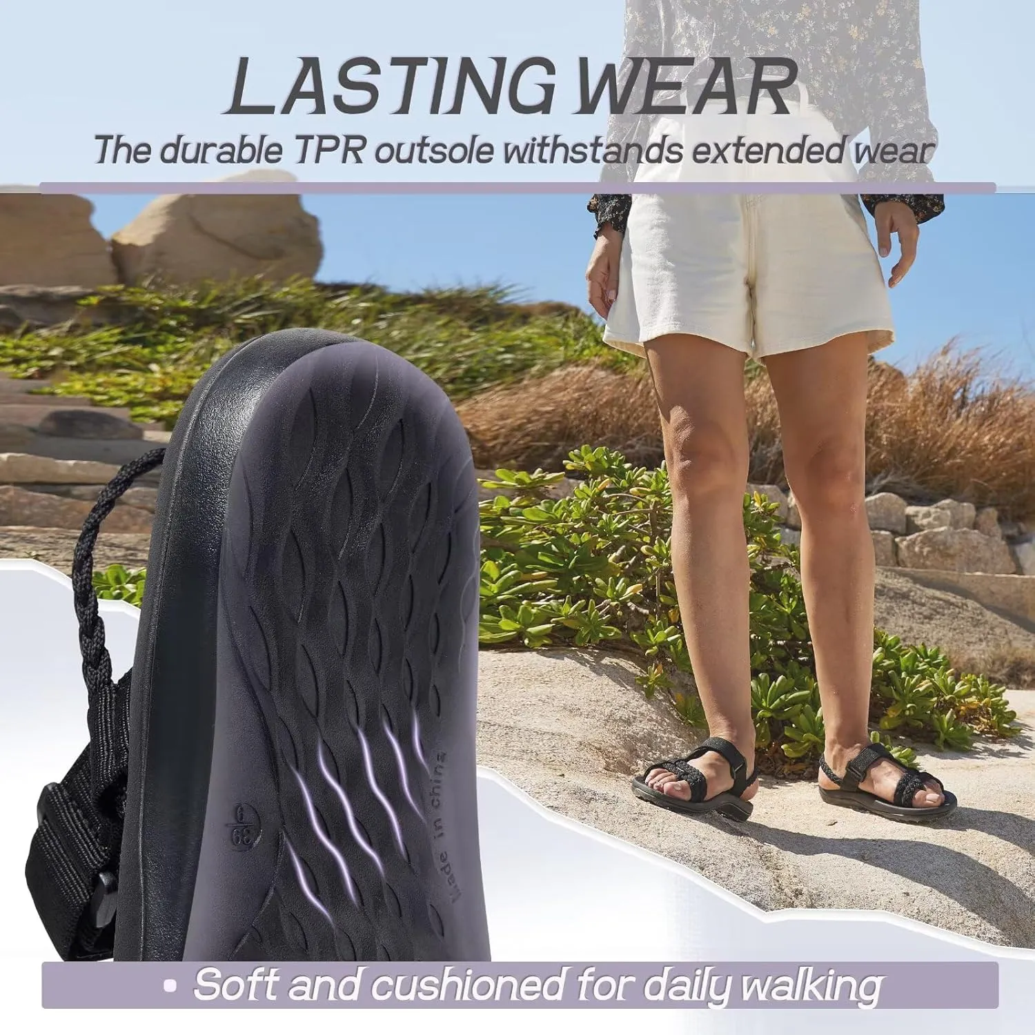 MEGNYA Hiking Sandals for Womens, Comfortable Walking Flip Flop Sandals with Arch Support, Athletic Sandals with Hook and Loop Straps for Beach Vacation Adventure