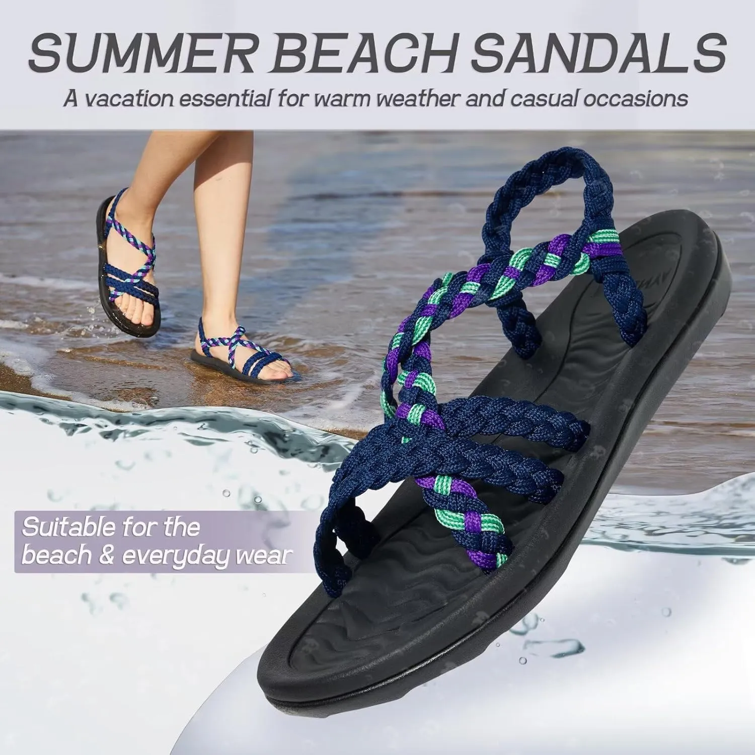 MEGNYA Women's Comfortable Walking Sandals with Arch Support, Athletic Hiking Sandals with Handmade Straps, Outdoor Soft Water Sandals for Beach Poolside Travel Camping