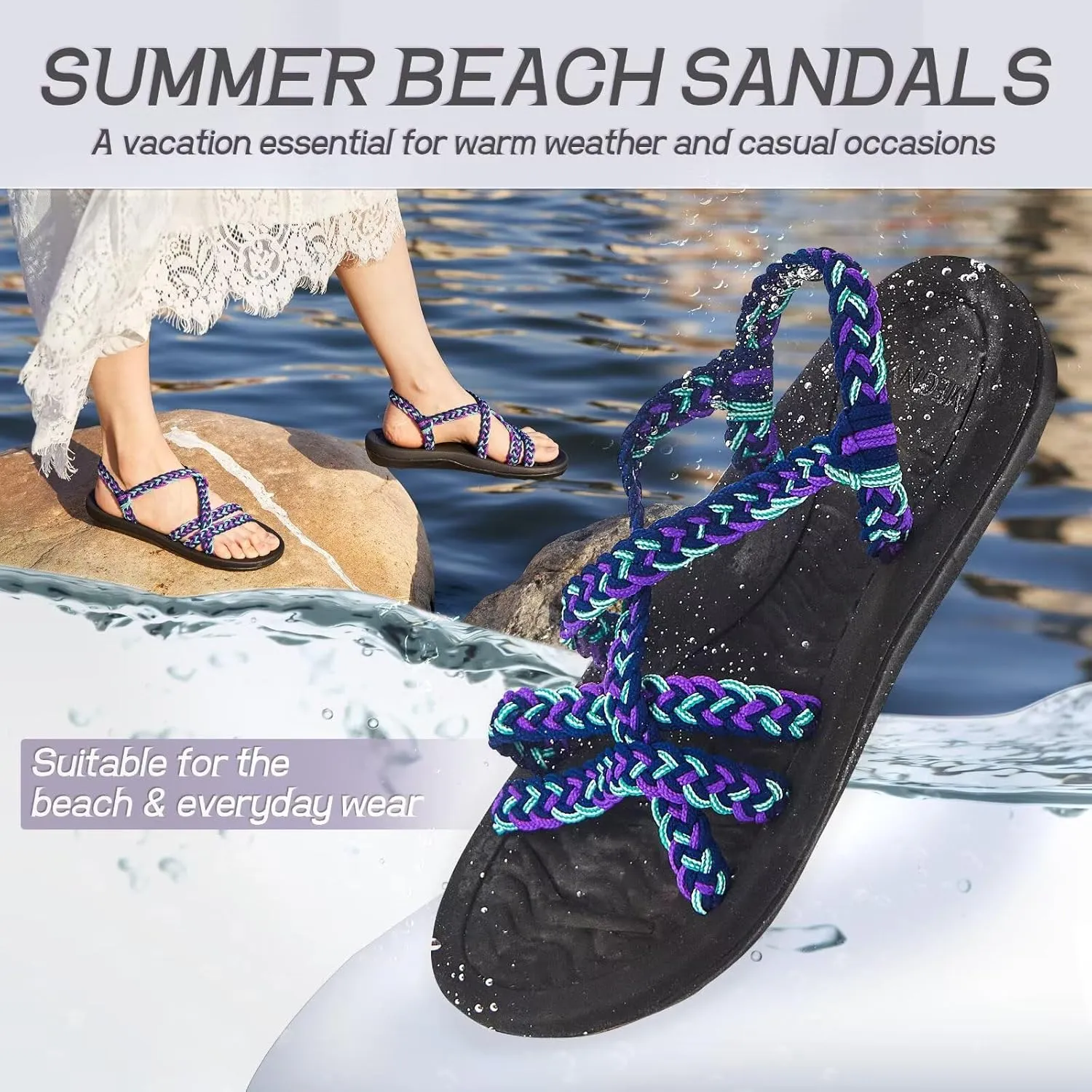 MEGNYA Women's Comfortable Walking Sandals with Arch Support, Athletic Hiking Sandals with Handmade Straps, Outdoor Soft Water Sandals for Beach Poolside Travel Camping