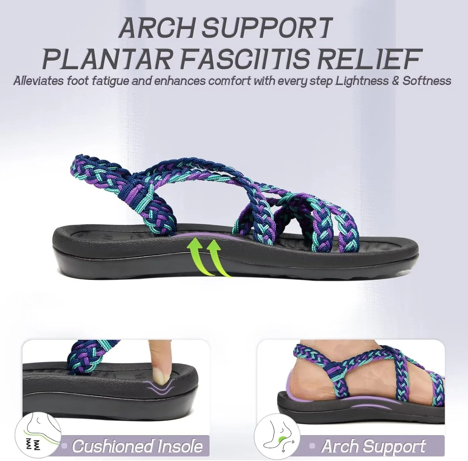 MEGNYA Women's Comfortable Walking Sandals with Arch Support, Athletic Hiking Sandals with Handmade Straps, Outdoor Soft Water Sandals for Beach Poolside Travel Camping