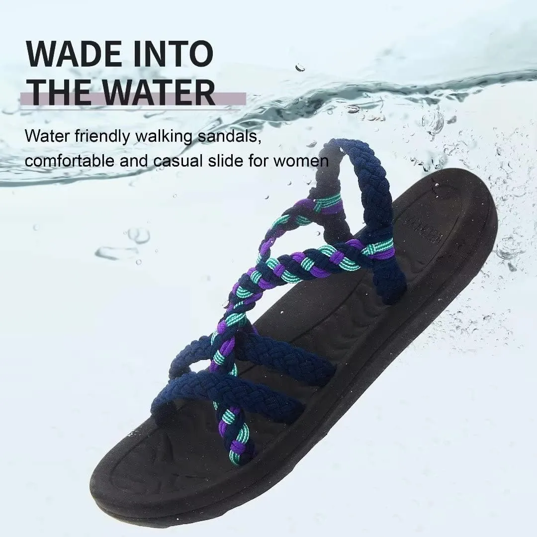 MEGNYA Women's Comfortable Walking Sandals with Arch Support, Athletic Hiking Sandals with Handmade Straps, Outdoor Soft Water Sandals for Beach Poolside Travel Camping