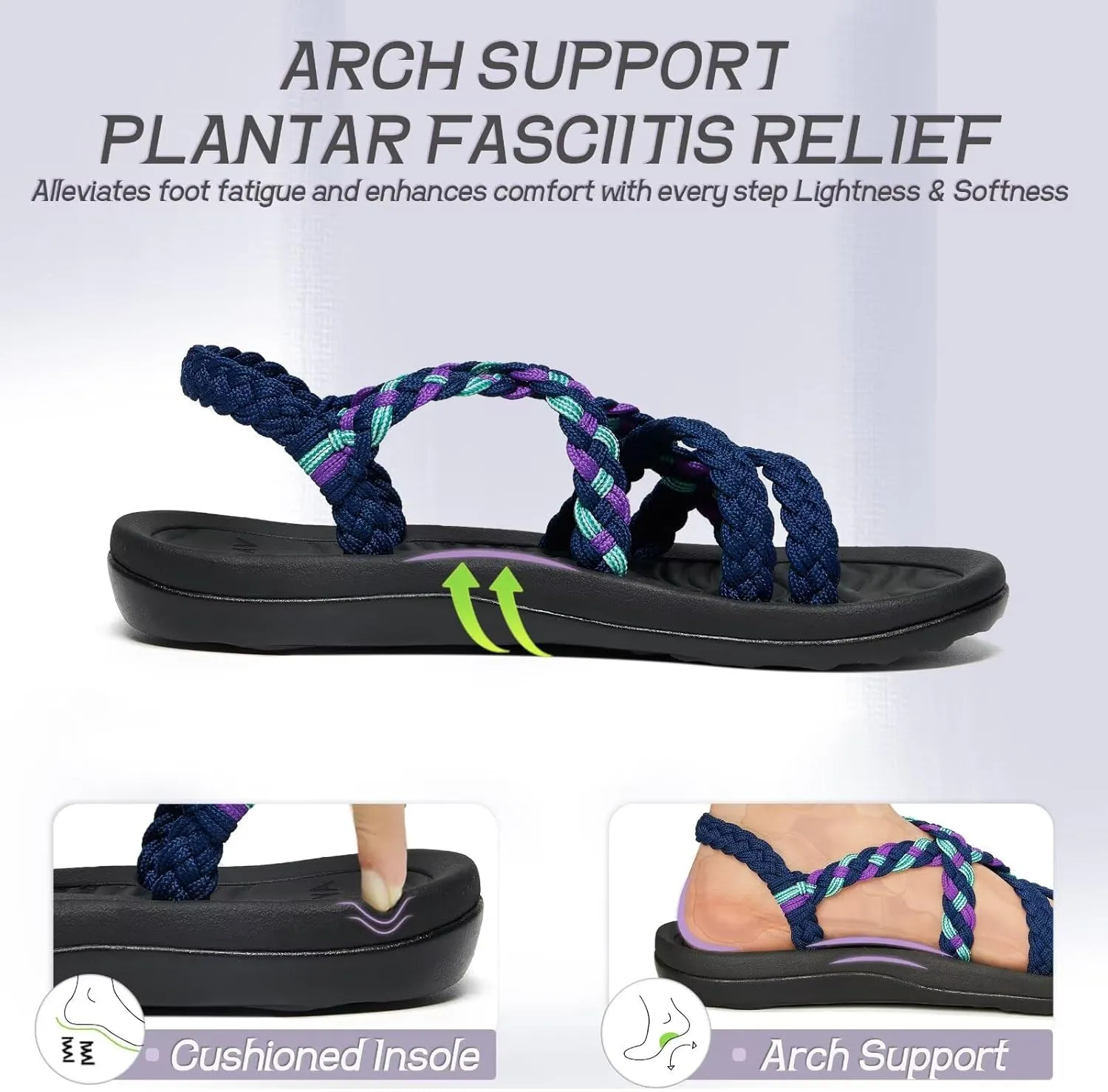 MEGNYA Women's Comfortable Walking Sandals with Arch Support, Athletic Hiking Sandals with Handmade Straps, Outdoor Soft Water Sandals for Beach Poolside Travel Camping
