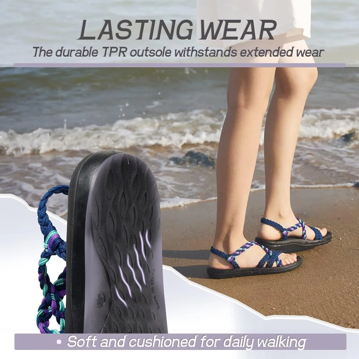 MEGNYA Women's Comfortable Walking Sandals with Arch Support, Athletic Hiking Sandals with Handmade Straps, Outdoor Soft Water Sandals for Beach Poolside Travel Camping