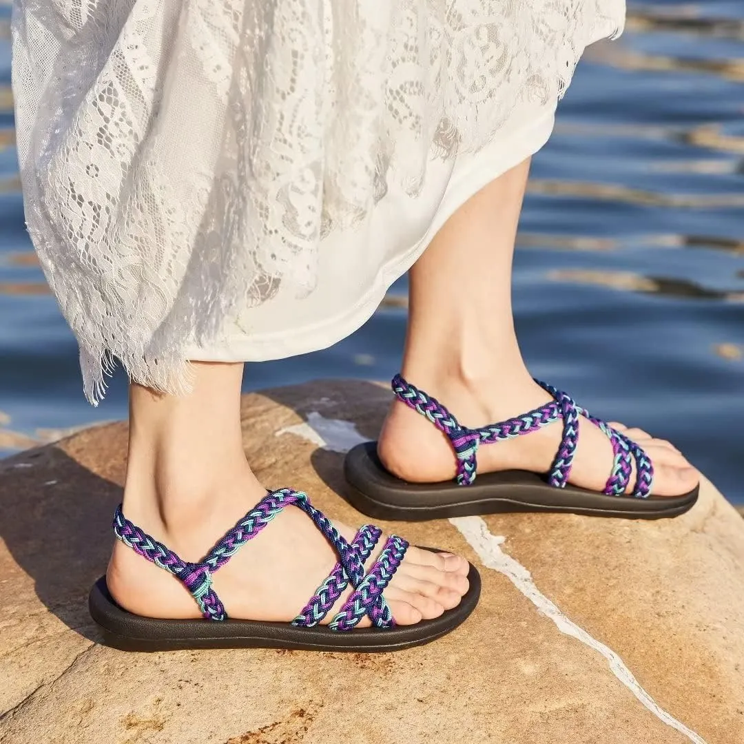 MEGNYA Women's Comfortable Walking Sandals with Arch Support, Athletic Hiking Sandals with Handmade Straps, Outdoor Soft Water Sandals for Beach Poolside Travel Camping