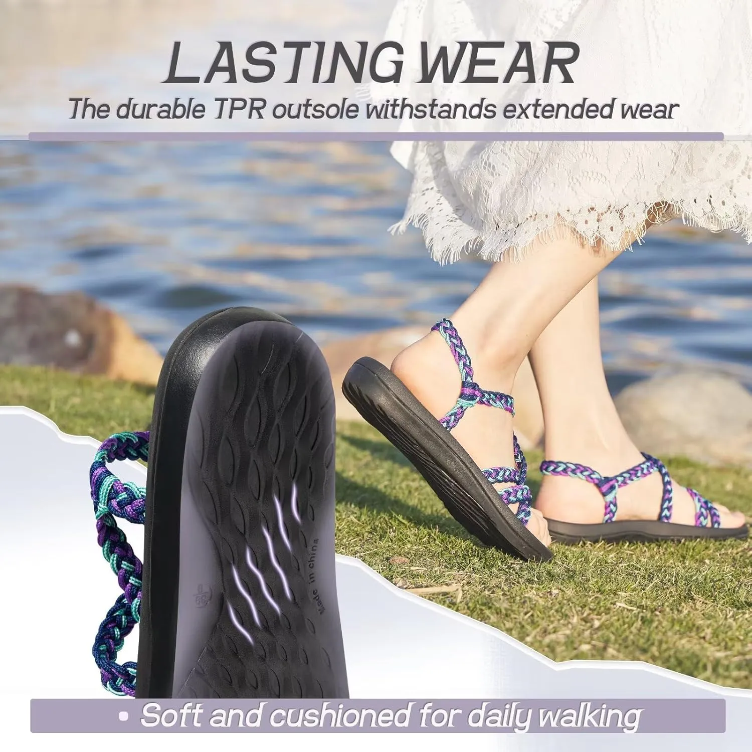MEGNYA Women's Comfortable Walking Sandals with Arch Support, Athletic Hiking Sandals with Handmade Straps, Outdoor Soft Water Sandals for Beach Poolside Travel Camping