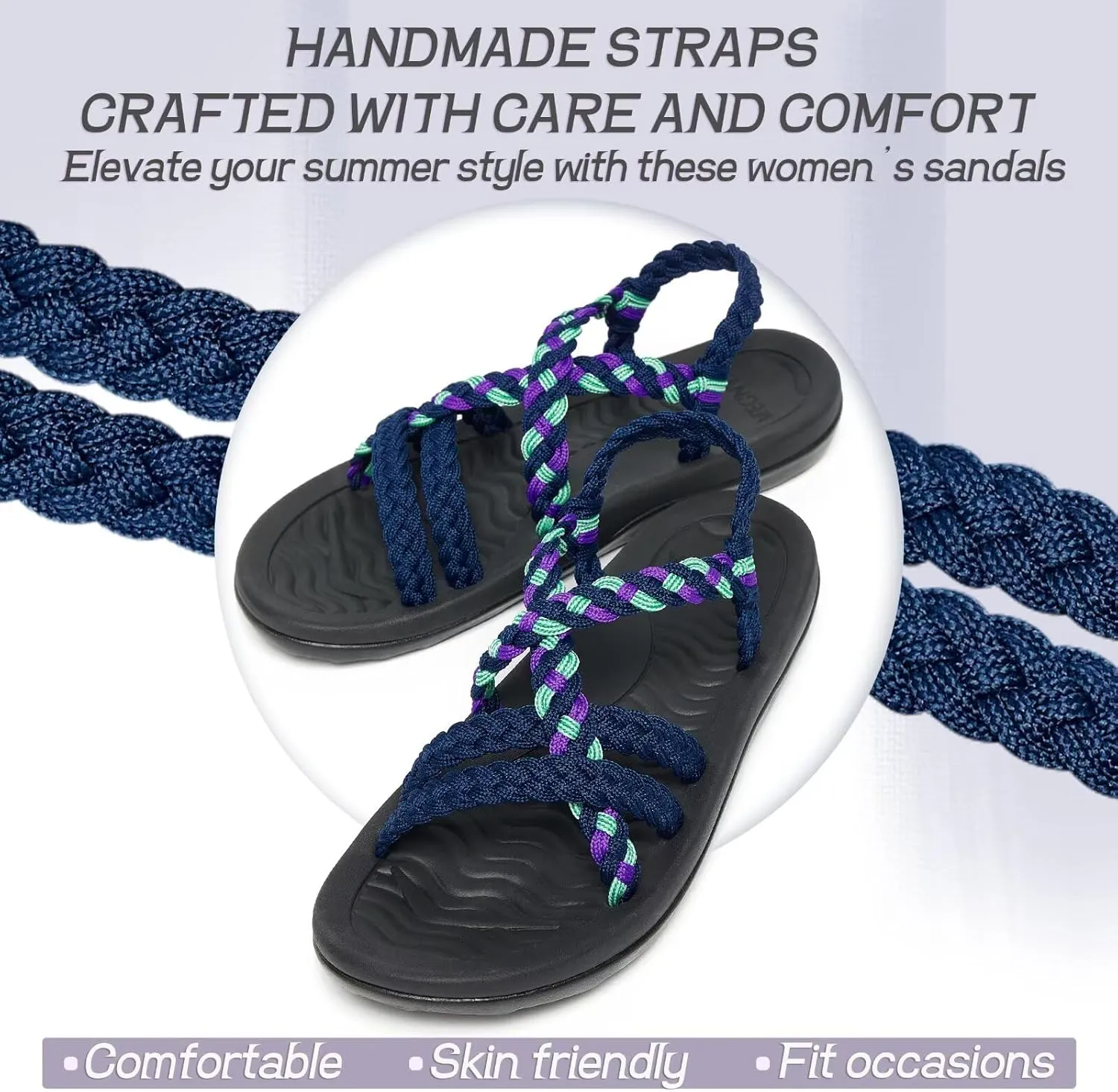 MEGNYA Women's Comfortable Walking Sandals with Arch Support, Athletic Hiking Sandals with Handmade Straps, Outdoor Soft Water Sandals for Beach Poolside Travel Camping