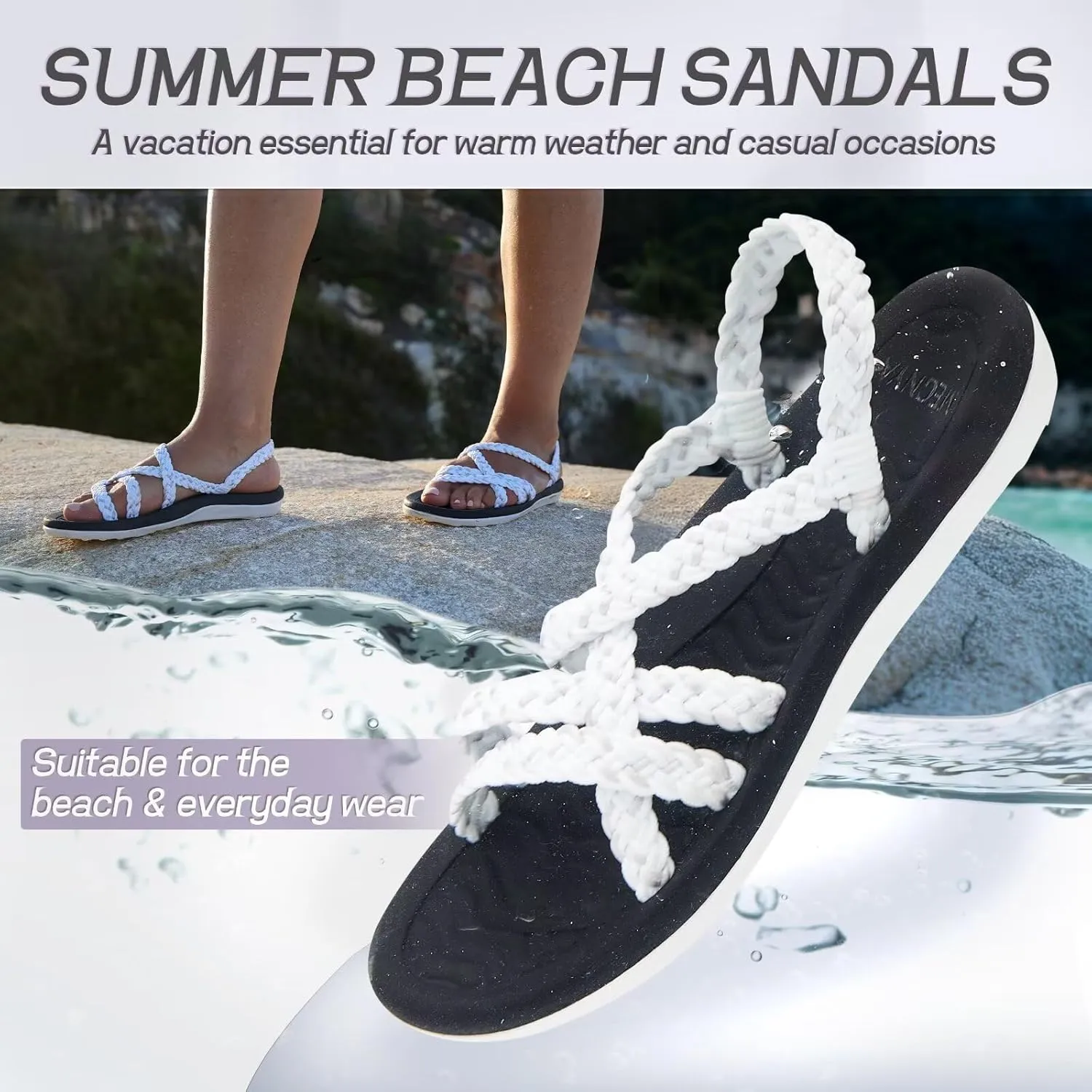 MEGNYA Women's Comfortable Walking Sandals with Arch Support, Athletic Hiking Sandals with Handmade Straps, Outdoor Soft Water Sandals for Beach Poolside Travel Camping
