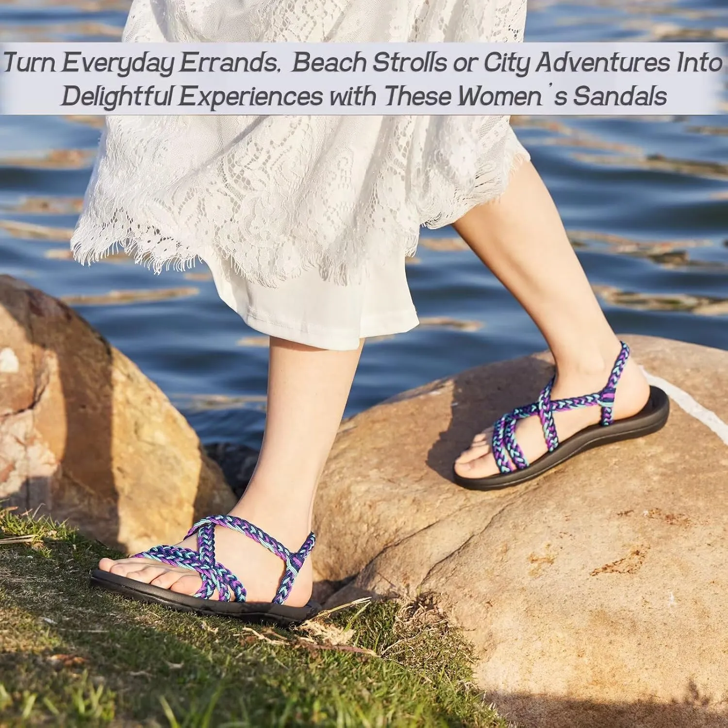 MEGNYA Women's Comfortable Walking Sandals with Arch Support, Athletic Hiking Sandals with Handmade Straps, Outdoor Soft Water Sandals for Beach Poolside Travel Camping