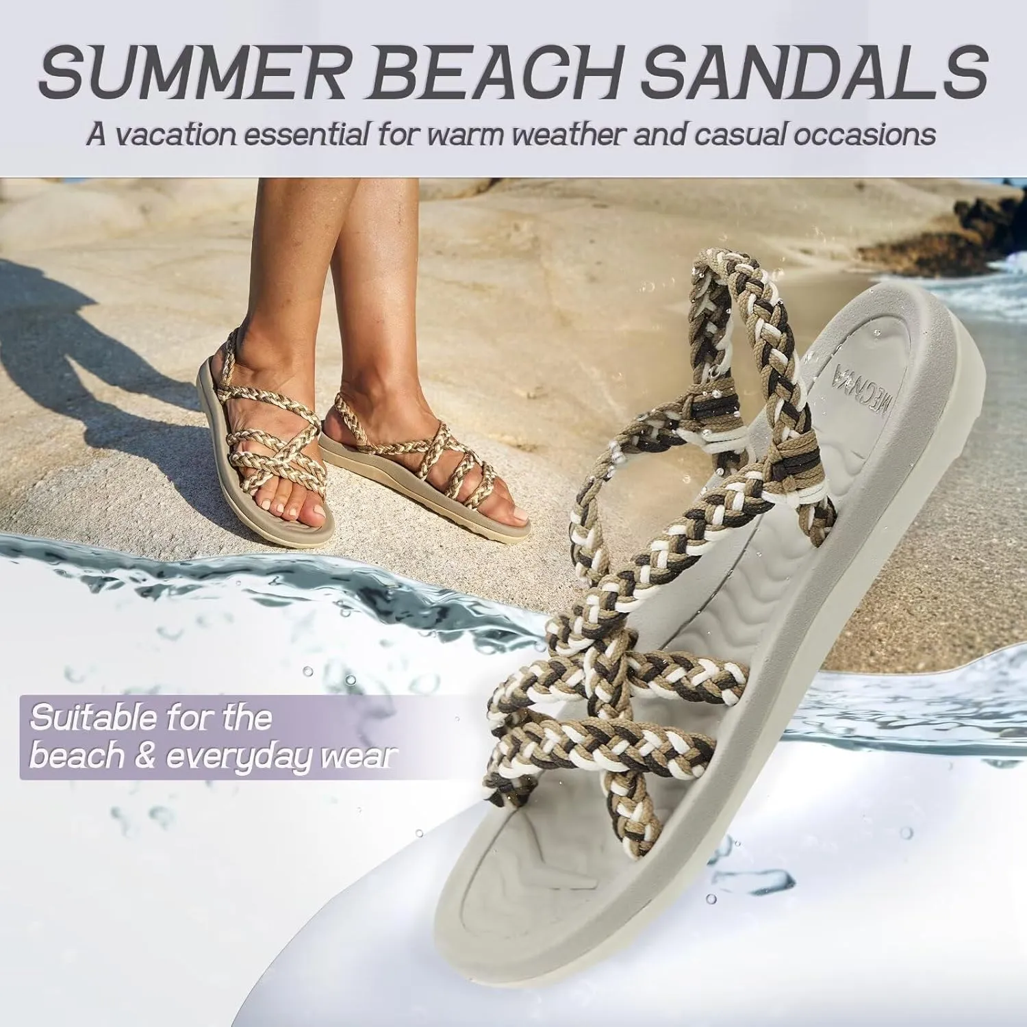 MEGNYA Women's Comfortable Walking Sandals with Arch Support, Athletic Hiking Sandals with Handmade Straps, Outdoor Soft Water Sandals for Beach Poolside Travel Camping