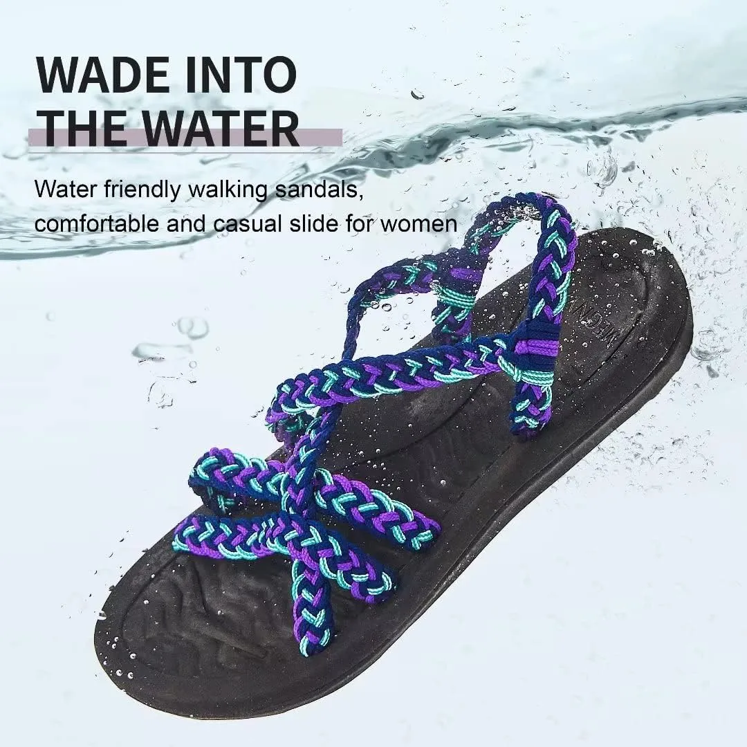 MEGNYA Women's Comfortable Walking Sandals with Arch Support, Athletic Hiking Sandals with Handmade Straps, Outdoor Soft Water Sandals for Beach Poolside Travel Camping