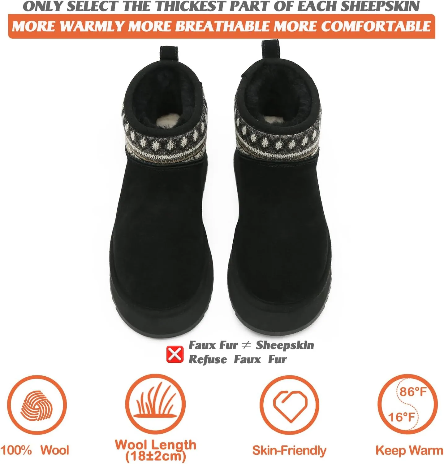 Mel&Syd Sheepskin Boots Boho Vintage Tribal Knitted Classic Ultra Mini Ankle Winter Boots Height Increasing Shoes for Women Rubber Anti-Slip Shearling Furry Snow Booties Comfortable Warm Breathable