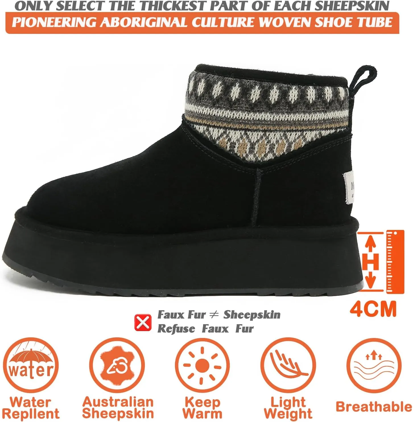 Mel&Syd Sheepskin Boots Boho Vintage Tribal Knitted Classic Ultra Mini Ankle Winter Boots Height Increasing Shoes for Women Rubber Anti-Slip Shearling Furry Snow Booties Comfortable Warm Breathable