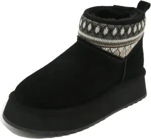 Mel&Syd Sheepskin Boots Boho Vintage Tribal Knitted Classic Ultra Mini Ankle Winter Boots Height Increasing Shoes for Women Rubber Anti-Slip Shearling Furry Snow Booties Comfortable Warm Breathable