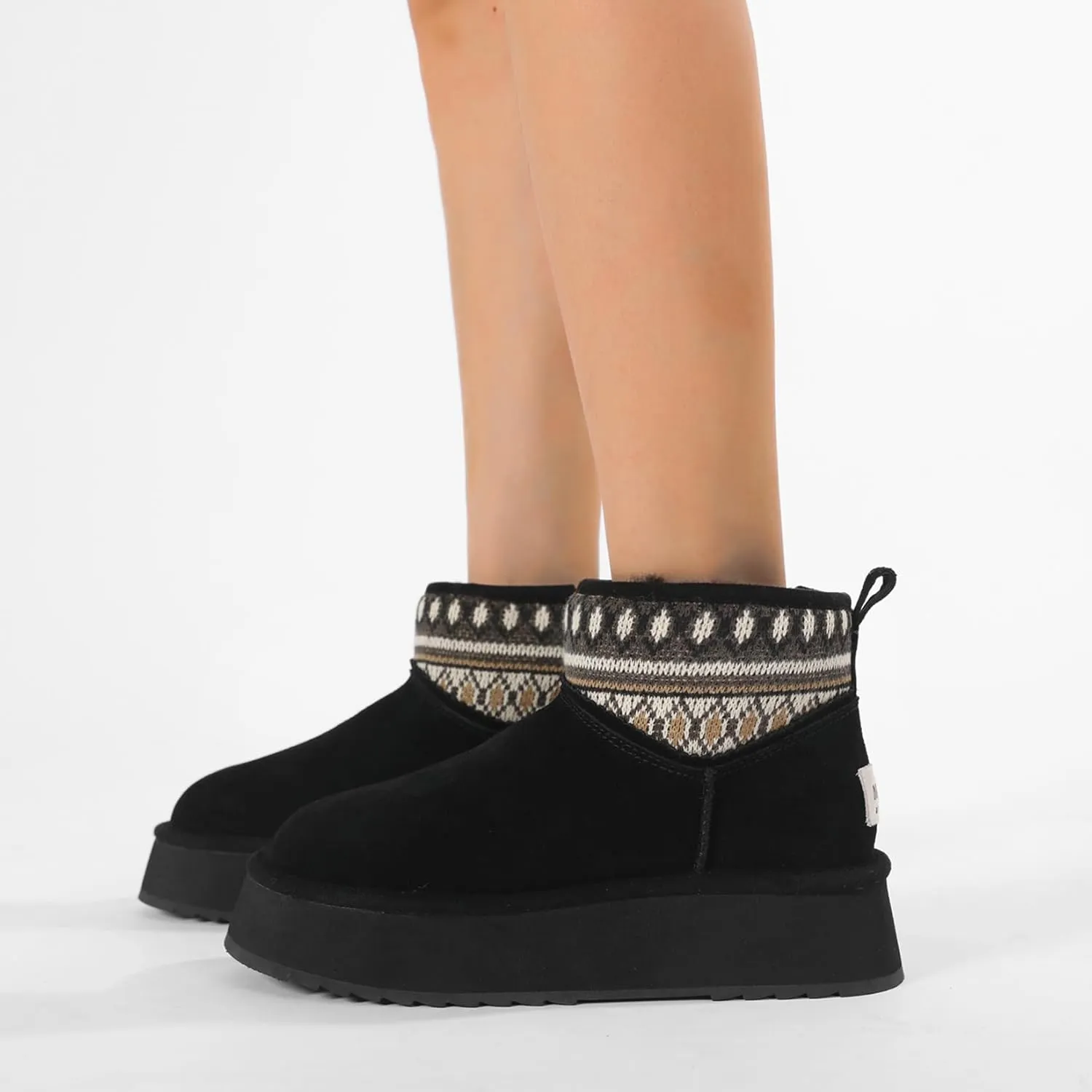 Mel&Syd Sheepskin Boots Boho Vintage Tribal Knitted Classic Ultra Mini Ankle Winter Boots Height Increasing Shoes for Women Rubber Anti-Slip Shearling Furry Snow Booties Comfortable Warm Breathable