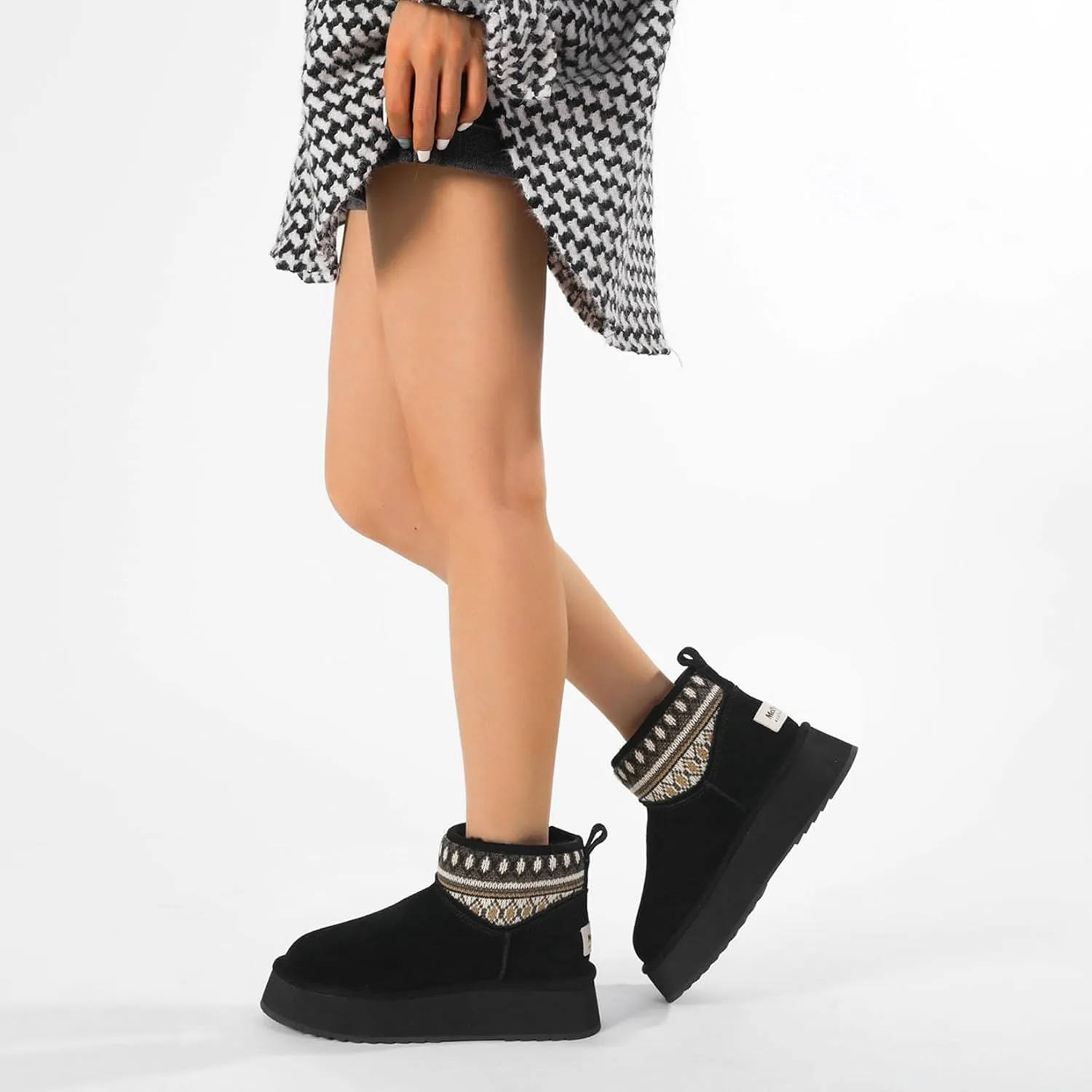 Mel&Syd Sheepskin Boots Boho Vintage Tribal Knitted Classic Ultra Mini Ankle Winter Boots Height Increasing Shoes for Women Rubber Anti-Slip Shearling Furry Snow Booties Comfortable Warm Breathable