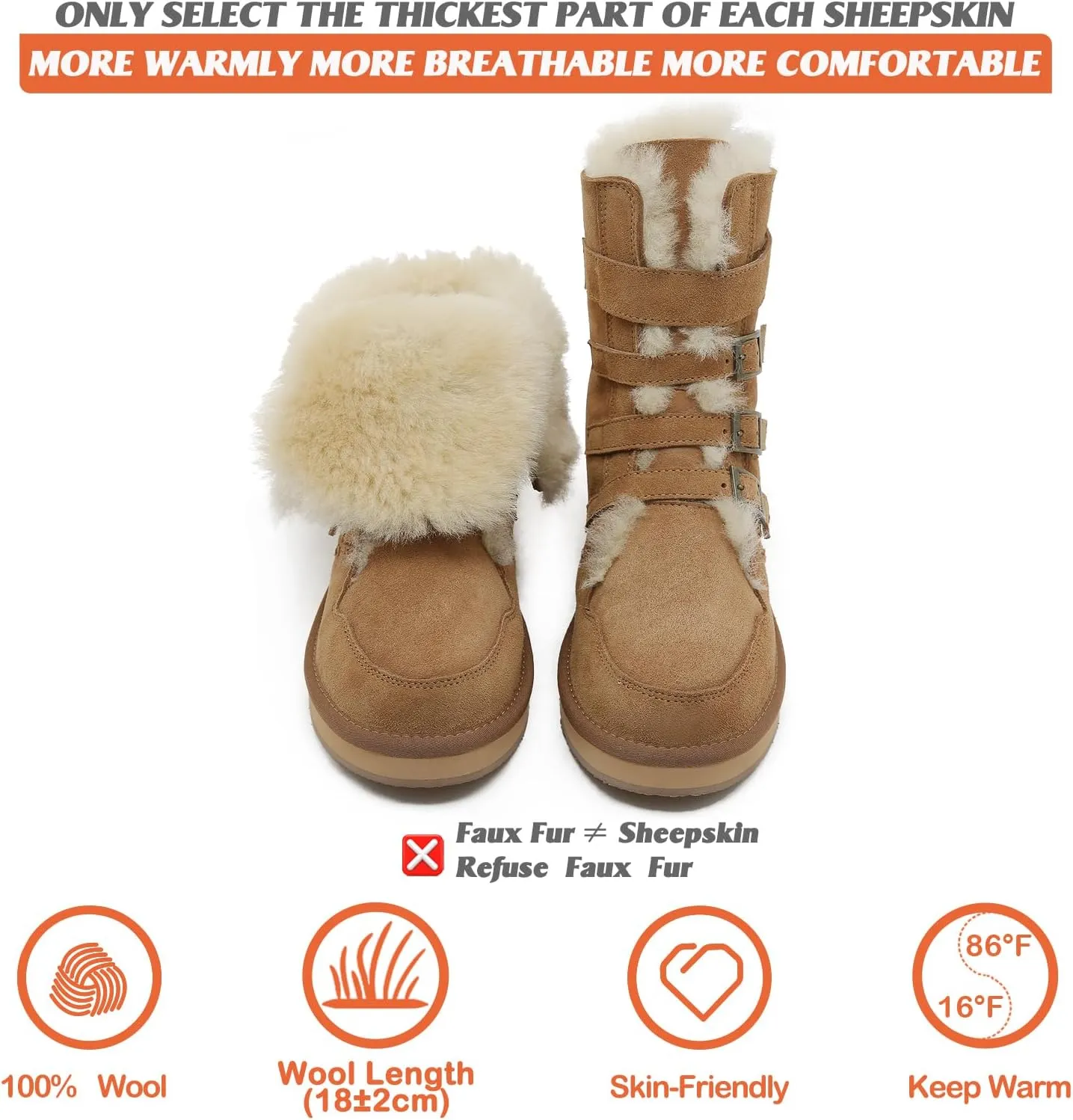 Mel&Syd Sheepskin Snow Boots for Womens Mens Mid Calf Flat Slip On Combat Boots Genuine Shearling Leather Classic Lace up/Hook Adjustable Buckle Fur Winter Shoes Booties
