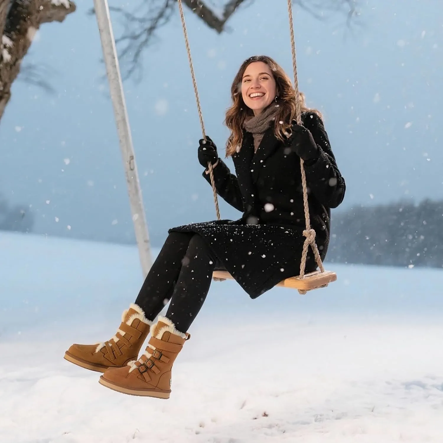 Mel&Syd Sheepskin Snow Boots for Womens Mens Mid Calf Flat Slip On Combat Boots Genuine Shearling Leather Classic Lace up/Hook Adjustable Buckle Fur Winter Shoes Booties
