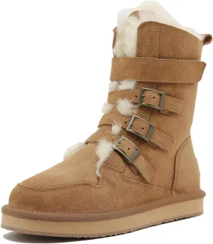 Mel&Syd Sheepskin Snow Boots for Womens Mens Mid Calf Flat Slip On Combat Boots Genuine Shearling Leather Classic Lace up/Hook Adjustable Buckle Fur Winter Shoes Booties