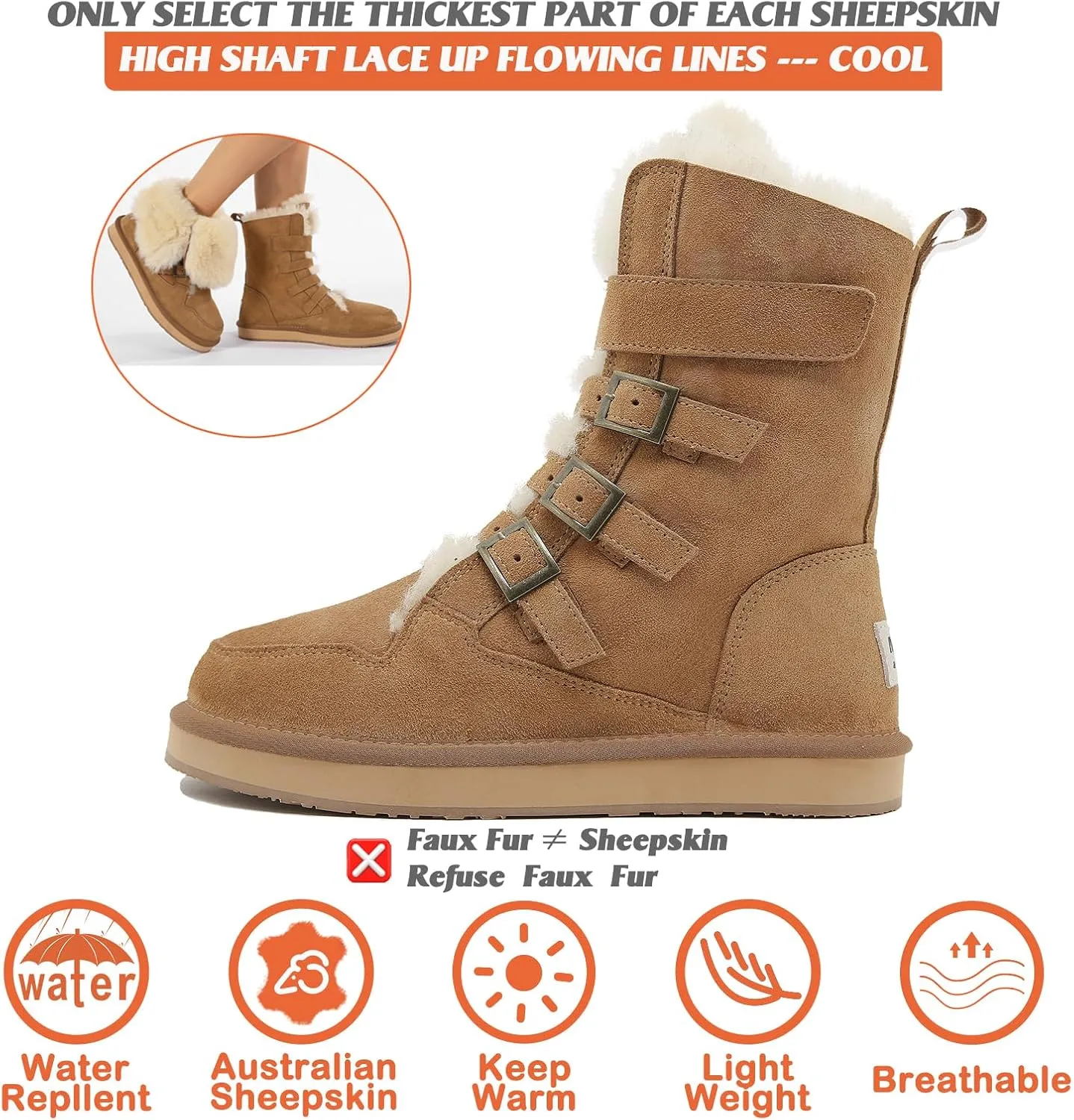 Mel&Syd Sheepskin Snow Boots for Womens Mens Mid Calf Flat Slip On Combat Boots Genuine Shearling Leather Classic Lace up/Hook Adjustable Buckle Fur Winter Shoes Booties