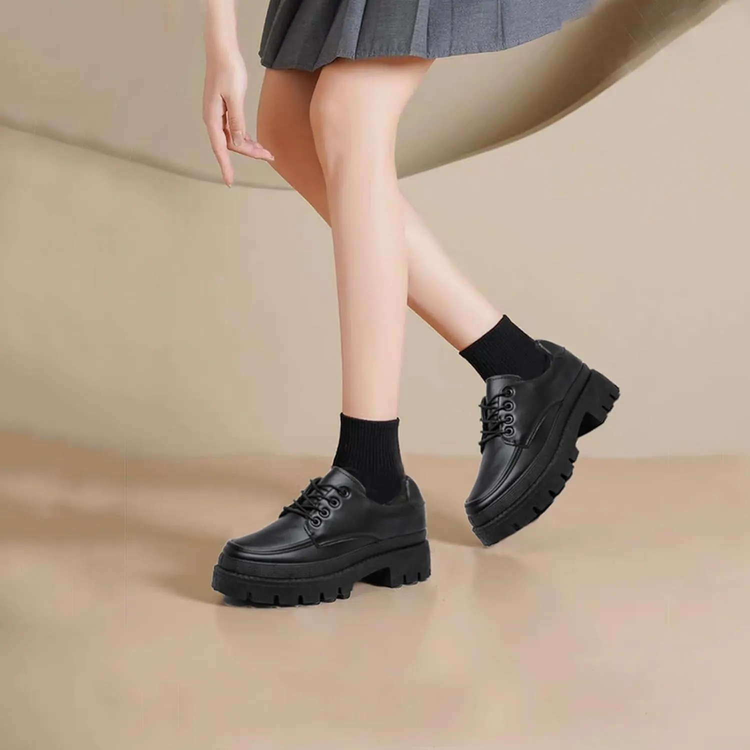 MEMON Oxford Shoes for Women,Platform Oxfords for Women,Low Heel Lace-Up Chunky Classic Oxford,Business Work Office Dress Shoes