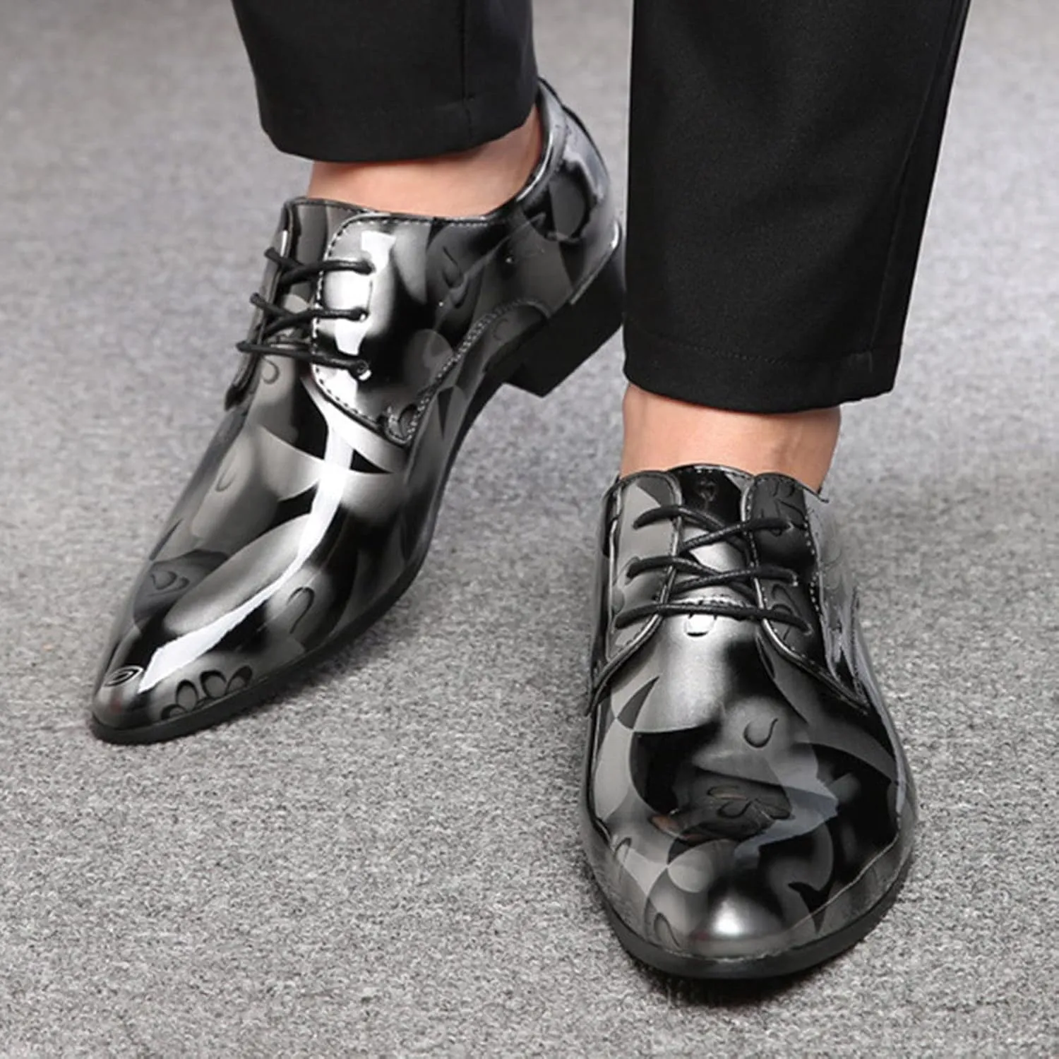 Men Fashion Dress Business Shoe Pointed Toe Floral Print Leather Lace Up Oxford Sneaker Low Heel Slip On Walking Shoes