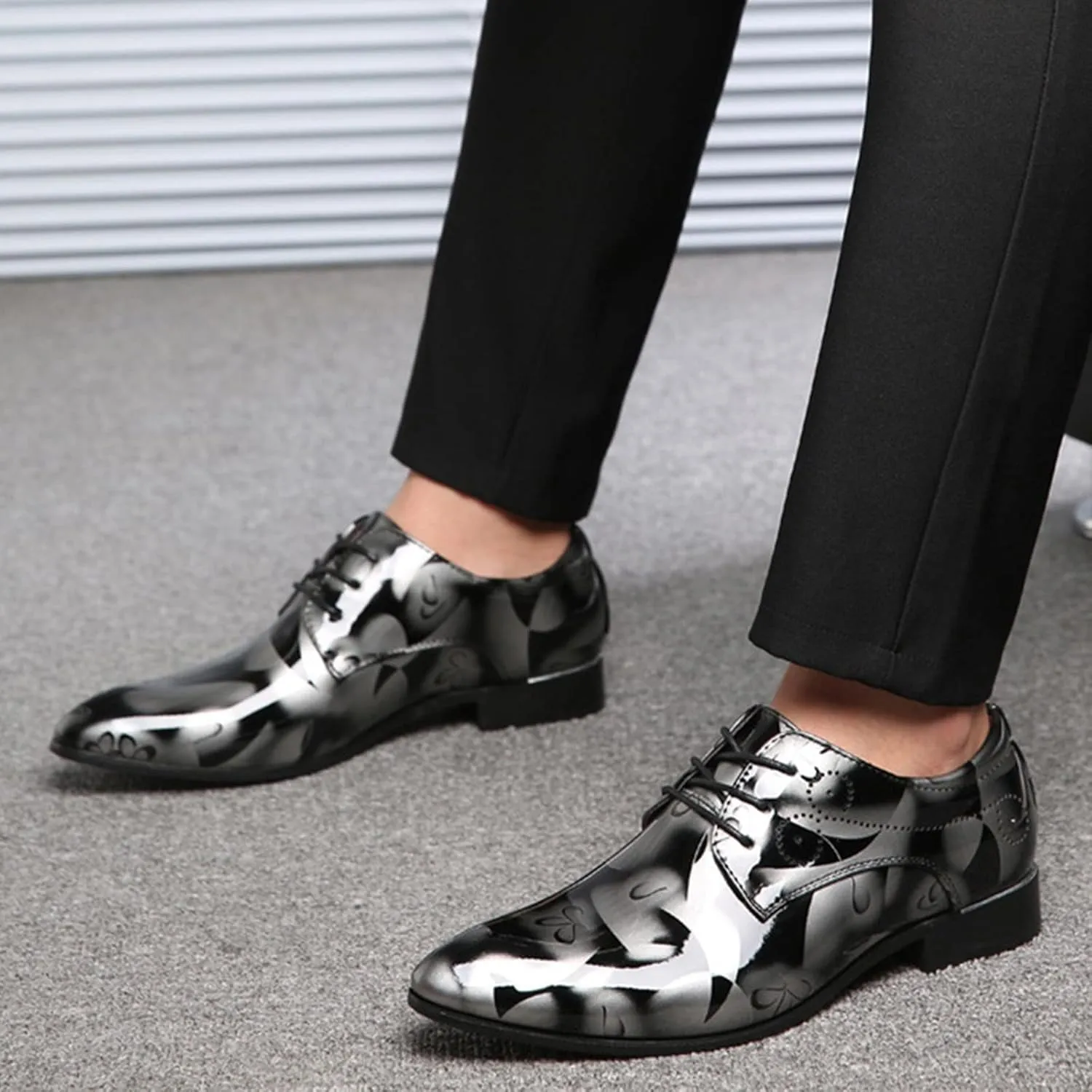Men Fashion Dress Business Shoe Pointed Toe Floral Print Leather Lace Up Oxford Sneaker Low Heel Slip On Walking Shoes