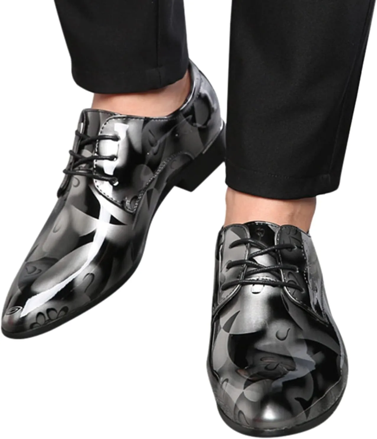 Men Fashion Dress Business Shoe Pointed Toe Floral Print Leather Lace Up Oxford Sneaker Low Heel Slip On Walking Shoes