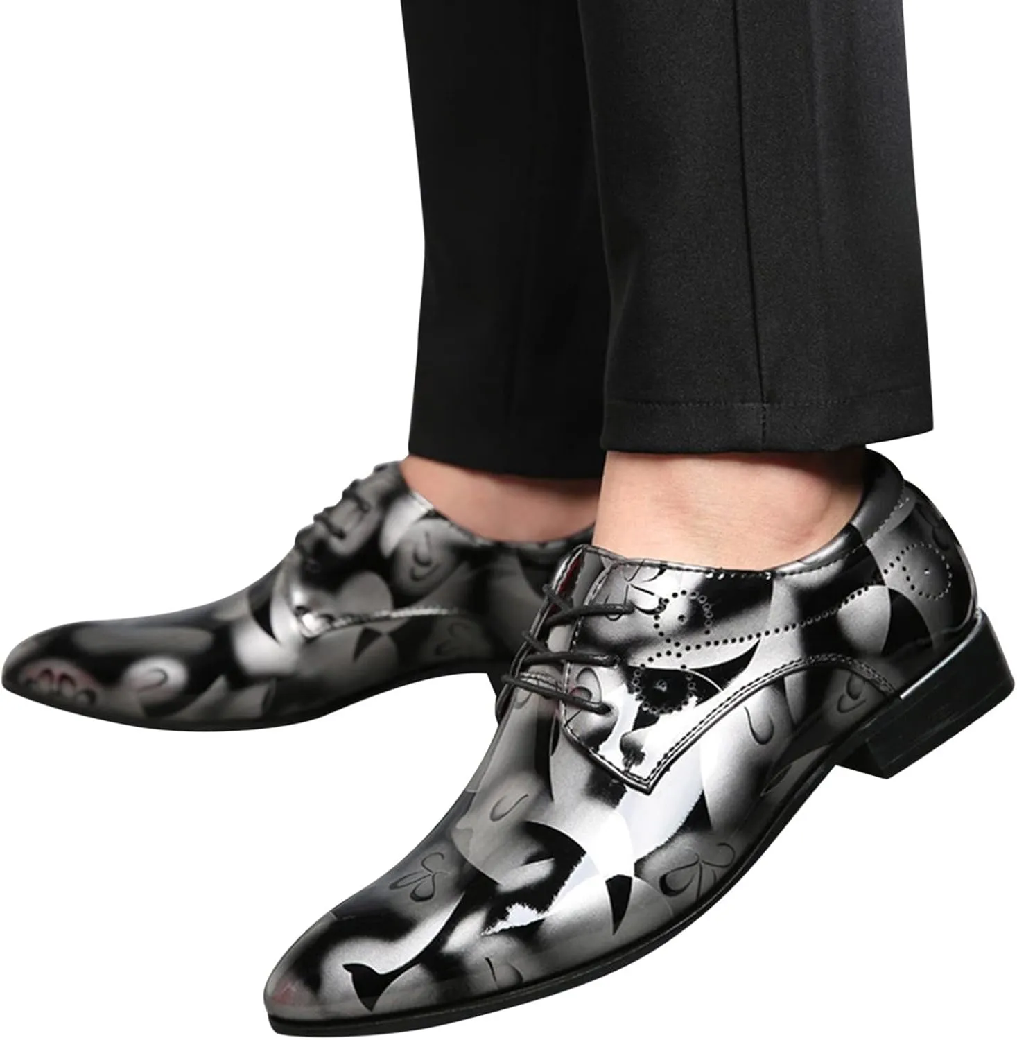 Men Fashion Dress Business Shoe Pointed Toe Floral Print Leather Lace Up Oxford Sneaker Low Heel Slip On Walking Shoes