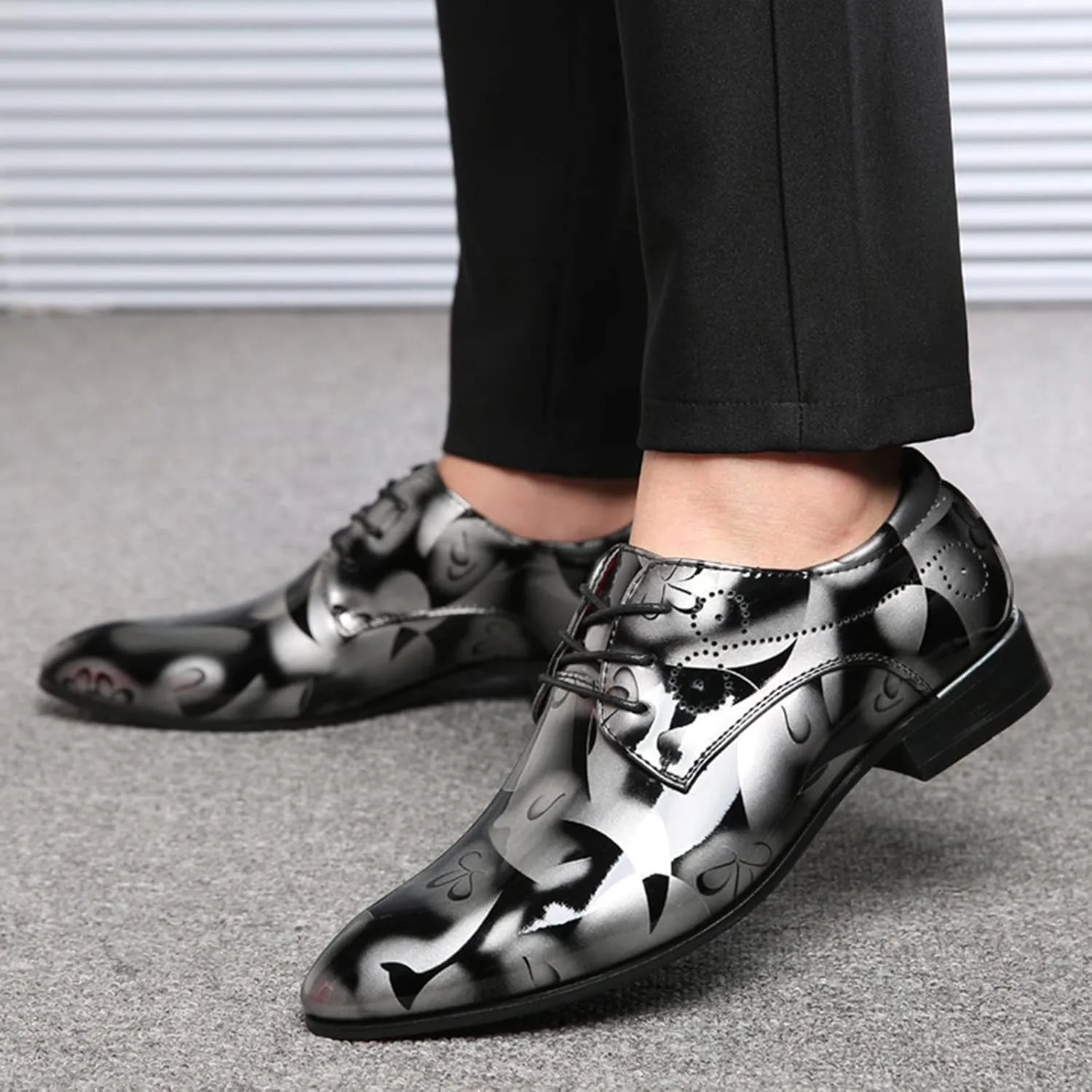 Men Fashion Dress Business Shoe Pointed Toe Floral Print Leather Lace Up Oxford Sneaker Low Heel Slip On Walking Shoes