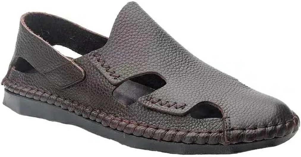 Men Leather Sandals Soft Breathable Hiking Sandals Outdoor Men Casual Slippers Beach Shoes(White-Patch Five-Pointed star4,40 Code)