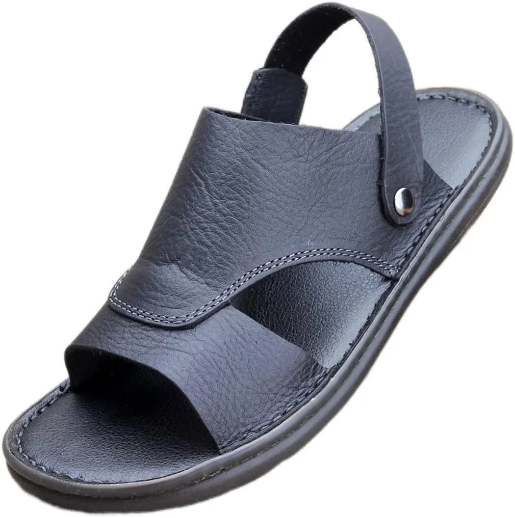 Men Sandals Classic Comfortable Man Shoes Beach Slippers Wear-Resistant Male Cow Leather Casual Shoes(D,39 Code)