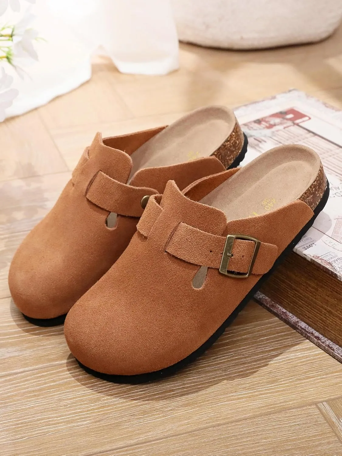 Men's and Women's Suede Clogs with Arch Support Comfortable Cork Footbed Leather Mules Versatile Potato Shoes