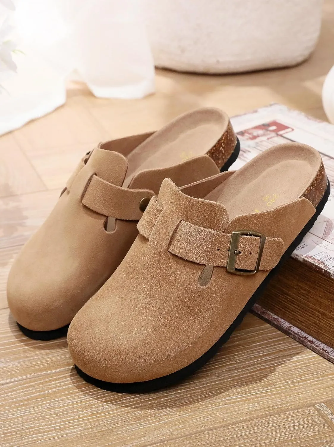 Men's and Women's Suede Clogs with Arch Support Comfortable Cork Footbed Leather Mules Versatile Potato Shoes