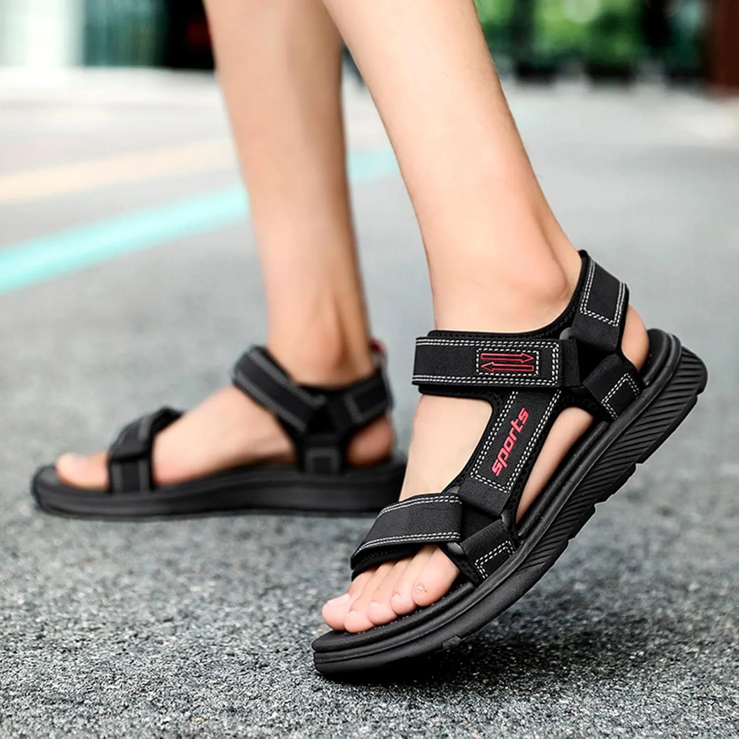 Mens Athletic Sandals Open Toe Hiking Outdoor Non-Slip Sandals Air Cushion Sport Casual Beach Sandals (Black, 10.5)