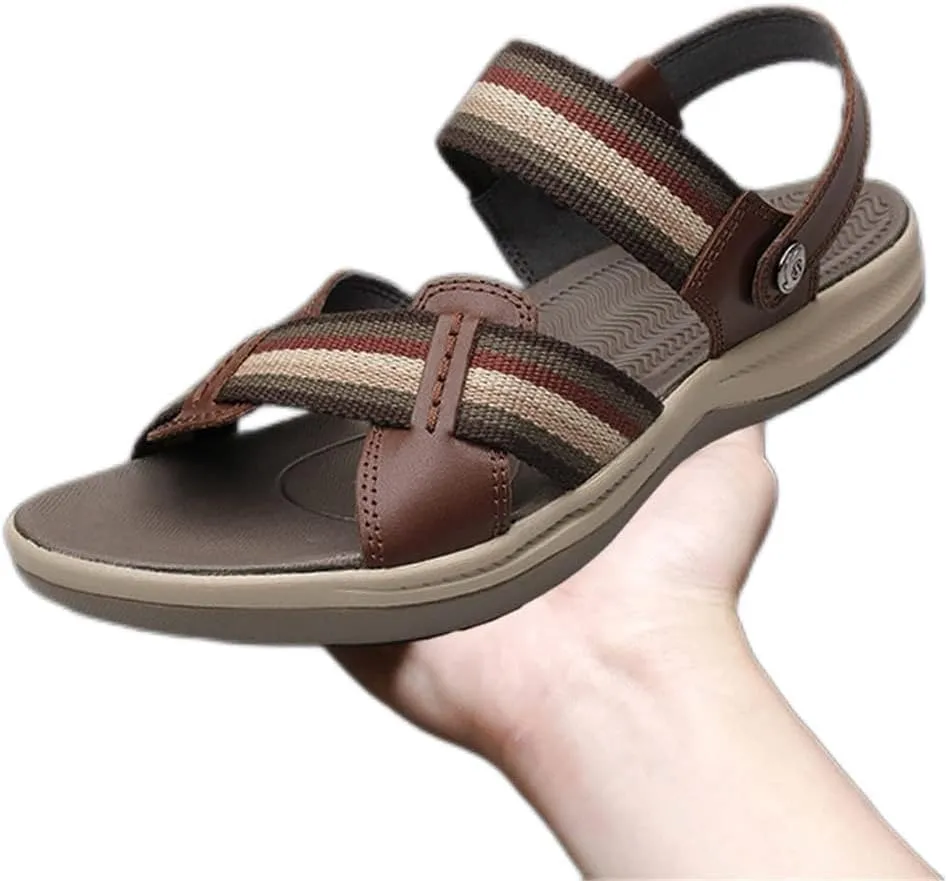 Men's Beach Sandals Leather Sandals for Men Outdoor Walking Sandals Comfortable Shoes(White-Patch Five-Pointed star4,40 Code)