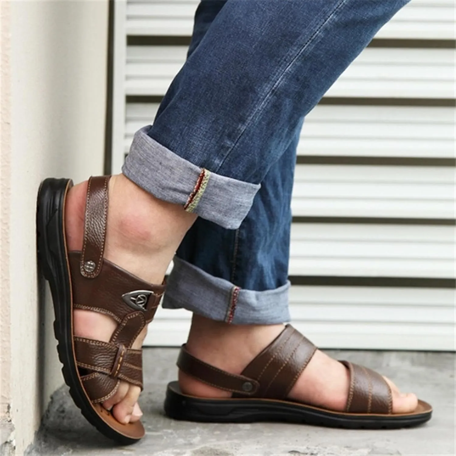Men's Big Size Leather Flat Sandbeach Sandals Casual Slipper Shoes