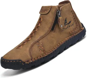 Mens Casual Leather Shoes Ankle Chukka Boots Handmade Side Zipper Mid top Slip On Loafers Fashion Lightweight Walking Driving High Boots