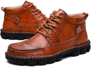 Mens Casual Loafers Ankle Chukka Boots Leather Hand Sewn Lace Up Outdoor Anti Slip Walking Working Driving Booties