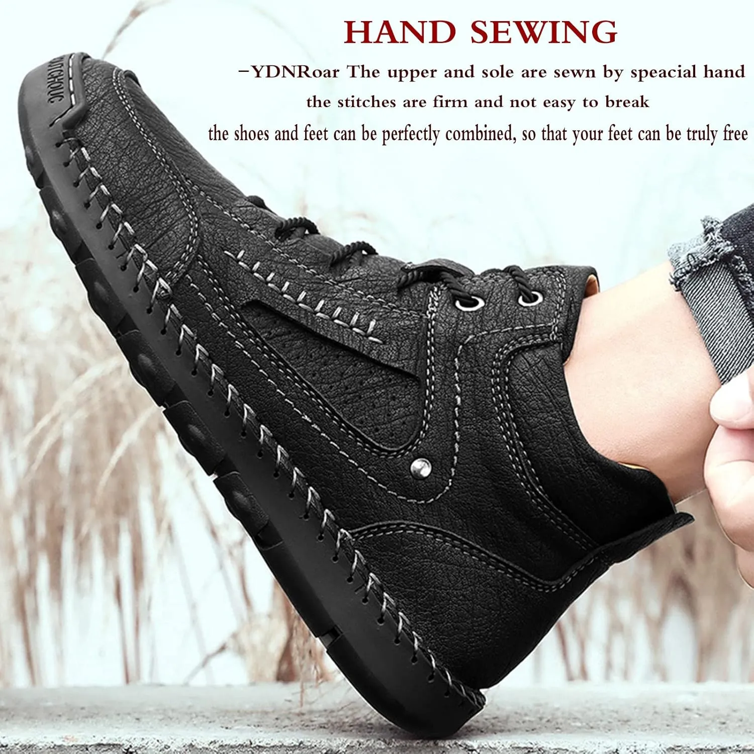 Mens Casual Loafers Shoes Ankle Chukka Boots Hand Stitching Mid top Soft Leather Lace-up Flats Oxford Walking Driving Shoes