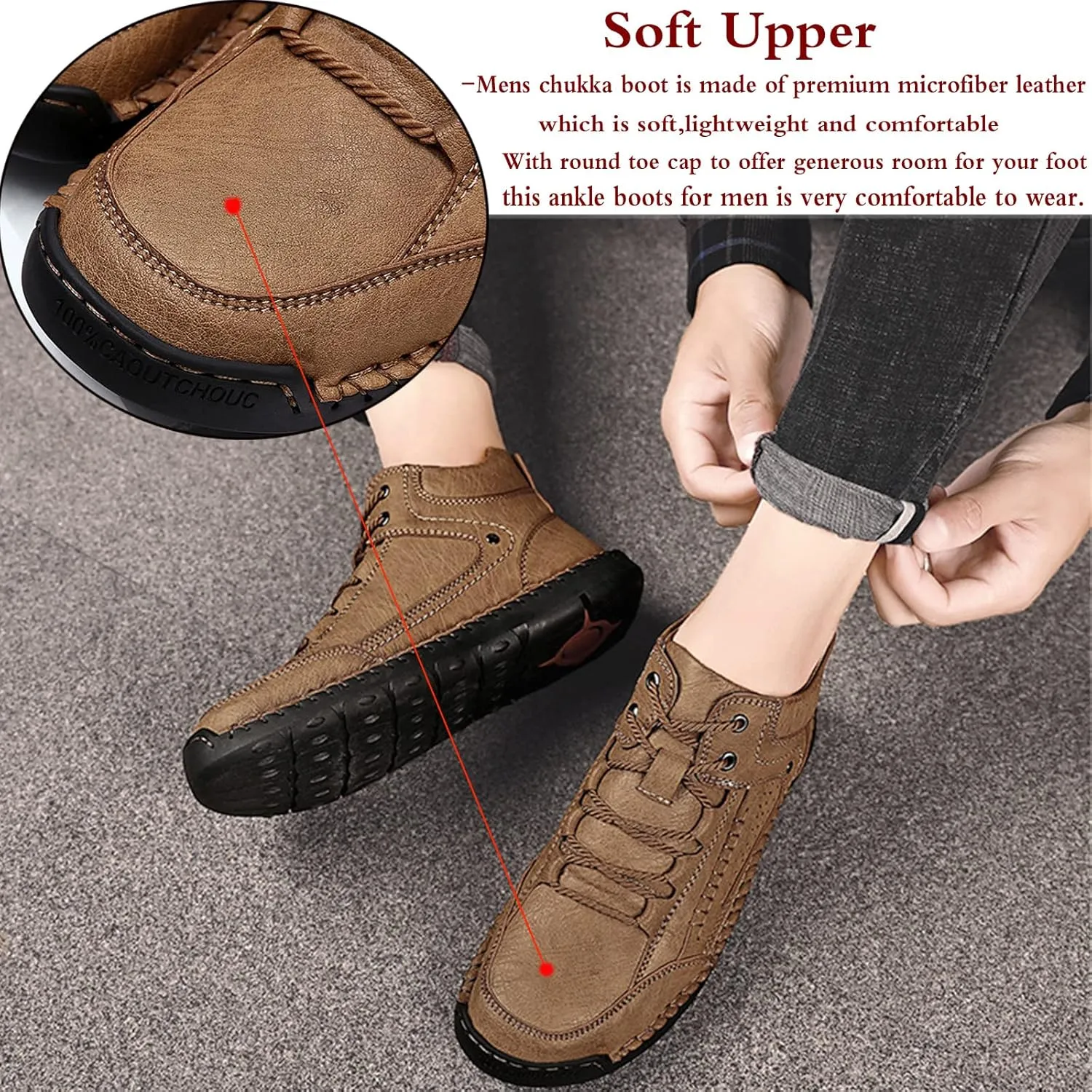 Mens Casual Loafers Shoes Ankle Chukka Boots Hand Stitching Mid top Soft Leather Lace-up Flats Oxford Walking Driving Shoes