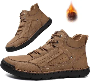 Mens Casual Loafers Shoes Ankle Chukka Boots Hand Stitching Mid top Soft Leather Lace-up Flats Oxford Walking Driving Shoes