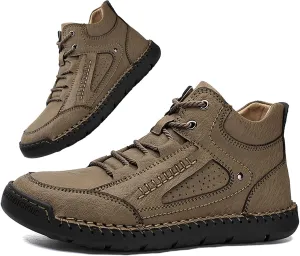 Mens Casual Loafers Shoes Ankle Chukka Boots Hand Stitching Mid top Soft Leather Lace-up Flats Oxford Walking Driving Shoes