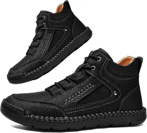 Mens Casual Loafers Shoes Ankle Chukka Boots Hand Stitching Mid top Soft Leather Lace-up Flats Oxford Walking Driving Shoes