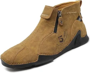 Mens Casual Soft Leather Loafers With Side Zipper Hand Stitching Ankle Chukka Boots Slip On Walking Driving High Top Flat Shoes