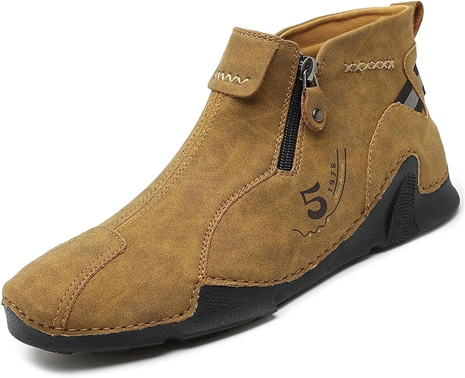 Mens Casual Soft Leather Loafers With Side Zipper Hand Stitching Ankle Chukka Boots Slip On Walking Driving High Top Flat Shoes