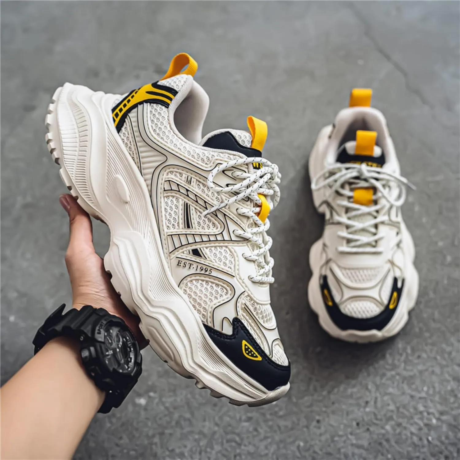 Men's Fashion Breathable Chunky Platform Lace-Up Sneakers Retro Non Slip Workout Sport Dad Shoes for Tennis Walking Driving Daily