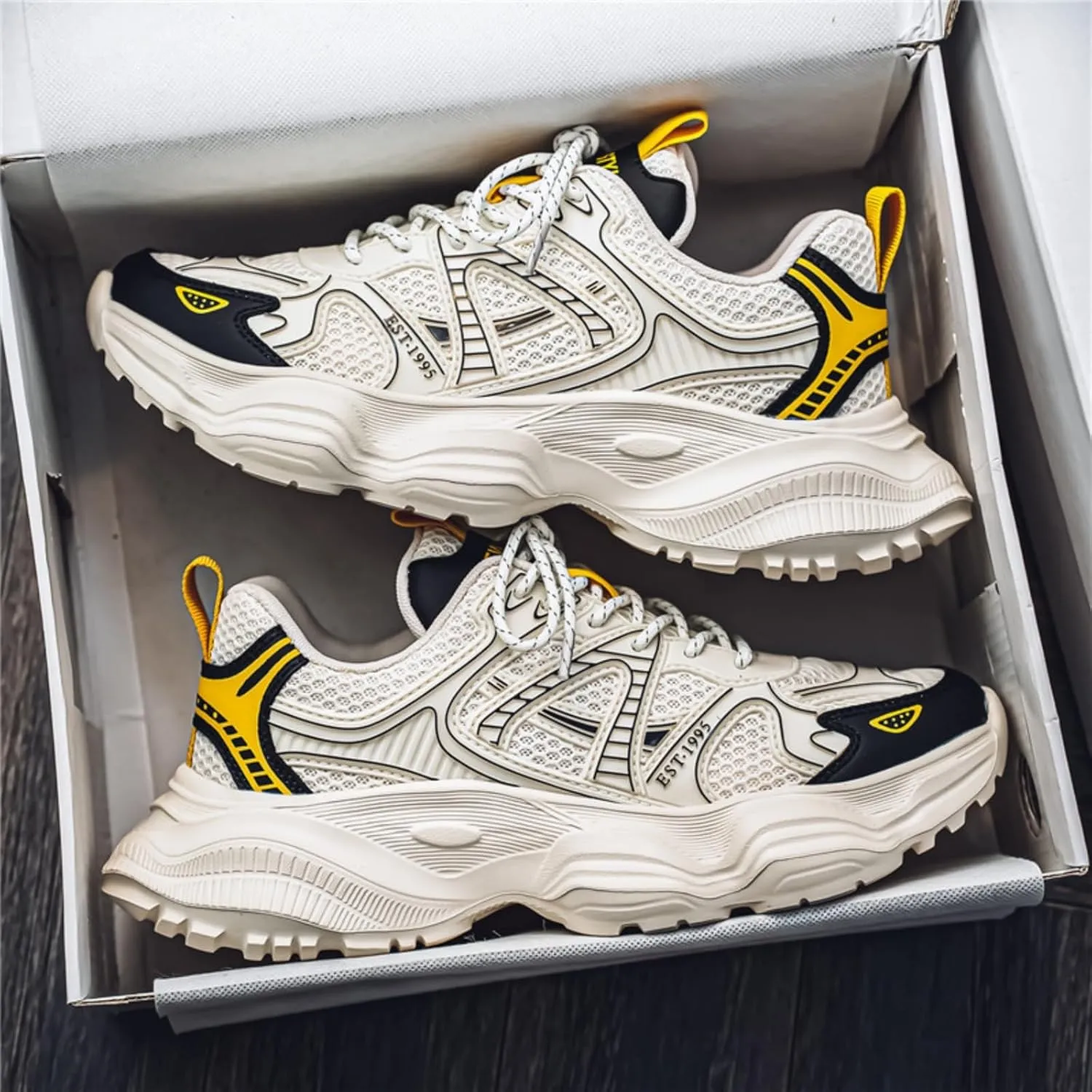 Men's Fashion Breathable Chunky Platform Lace-Up Sneakers Retro Non Slip Workout Sport Dad Shoes for Tennis Walking Driving Daily