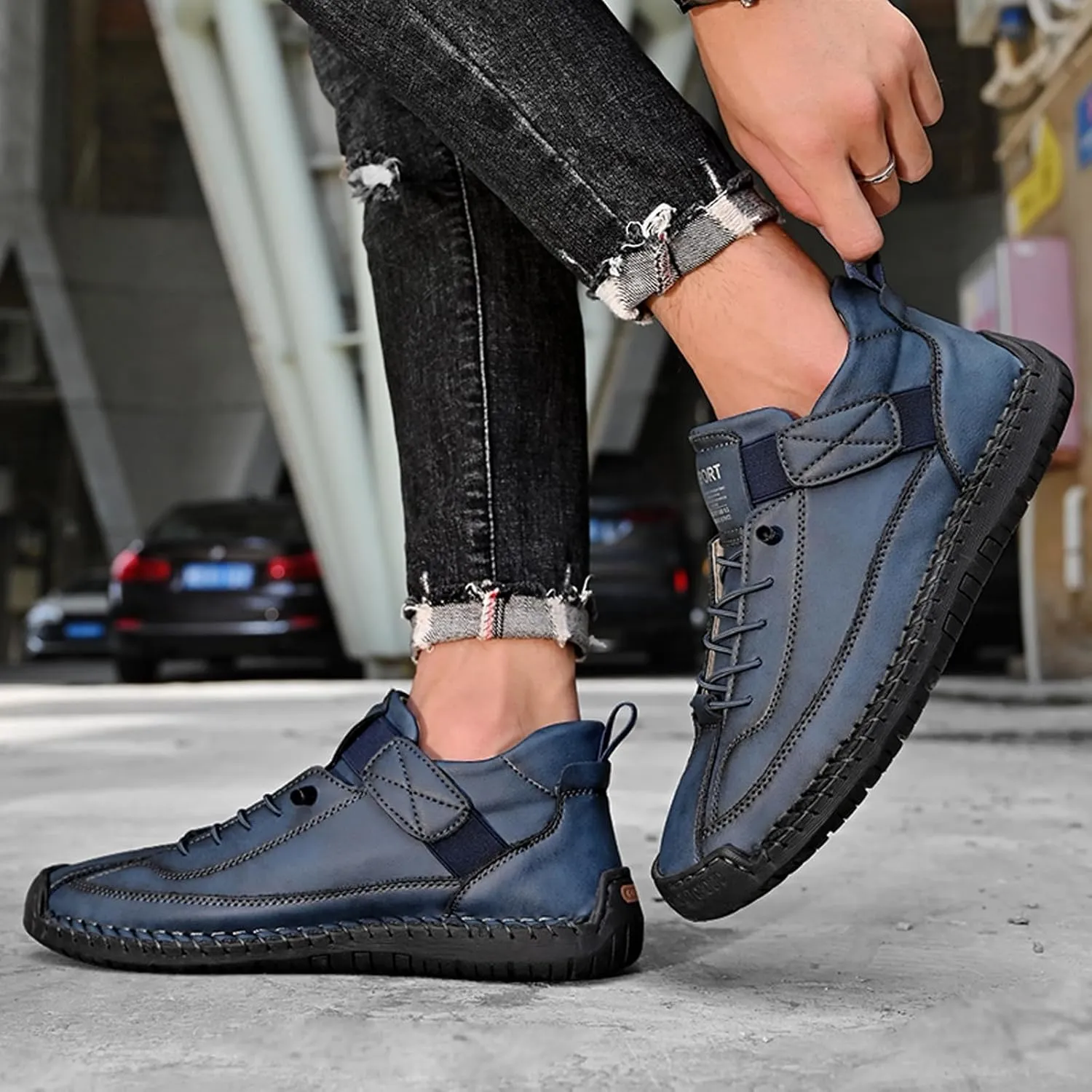 Men's Fashion Leather Sneakers Ankle Chukka Boots Slip On Lightweight Comfortable Casual Shoes Classic Mid Top Hand Stitching Loafers Walking Driving Shoes