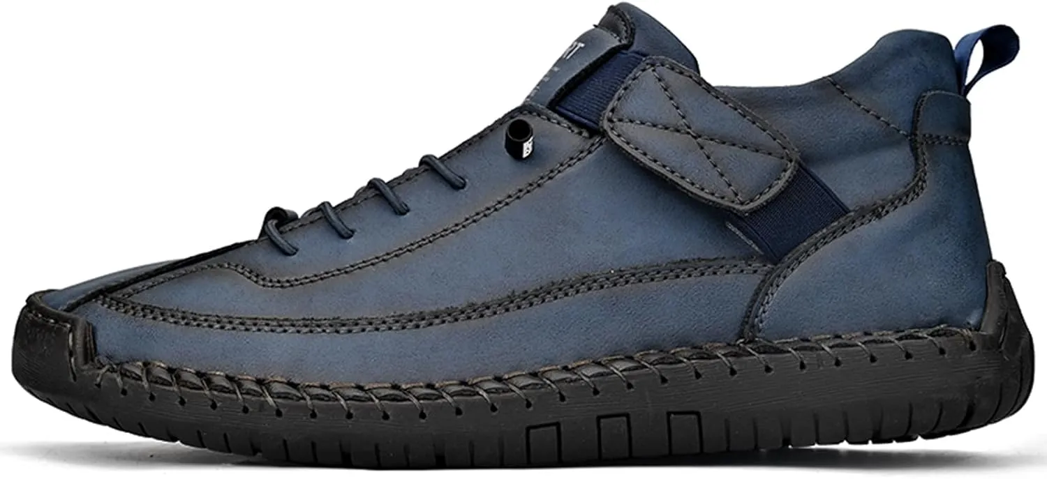 Men's Fashion Leather Sneakers Ankle Chukka Boots Slip On Lightweight Comfortable Casual Shoes Classic Mid Top Hand Stitching Loafers Walking Driving Shoes